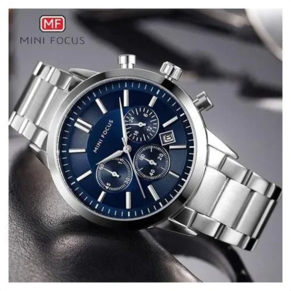 Montre Homme MINI FOCUS MF01088 Chronographe – Cadran Bleu, Acier Argenté, avec Bracelet