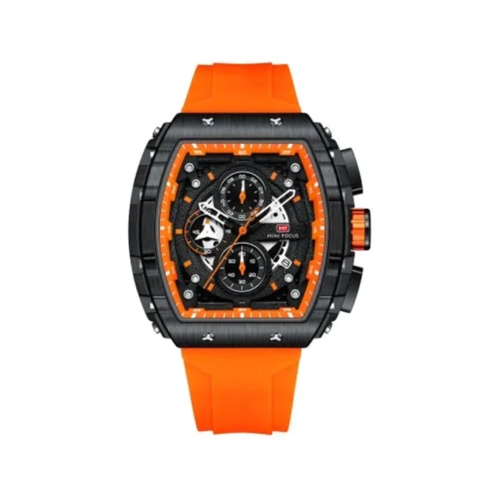 Montre Homme MINI FOCUS MF0399 Chronographe Tonneau – Boîtier Noir, Bracelet Orange