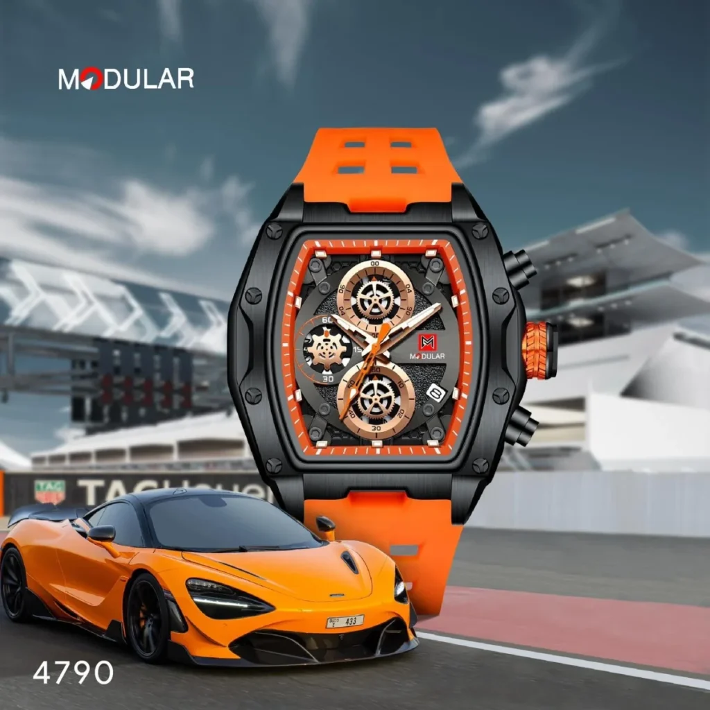 Montre Homme MINI FOCUS MF0437 Chronographe Tonneau – Noir, Bracelet Orange