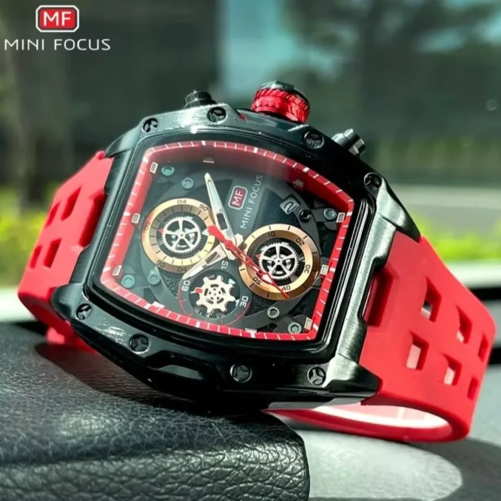 Montre Homme MINI FOCUS MF0437 Chronographe Tonneau – Noir, Bracelet Rouge