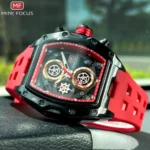 Montre Homme MINI FOCUS MF0437 Chronographe Tonneau – Noir, Bracelet Rouge