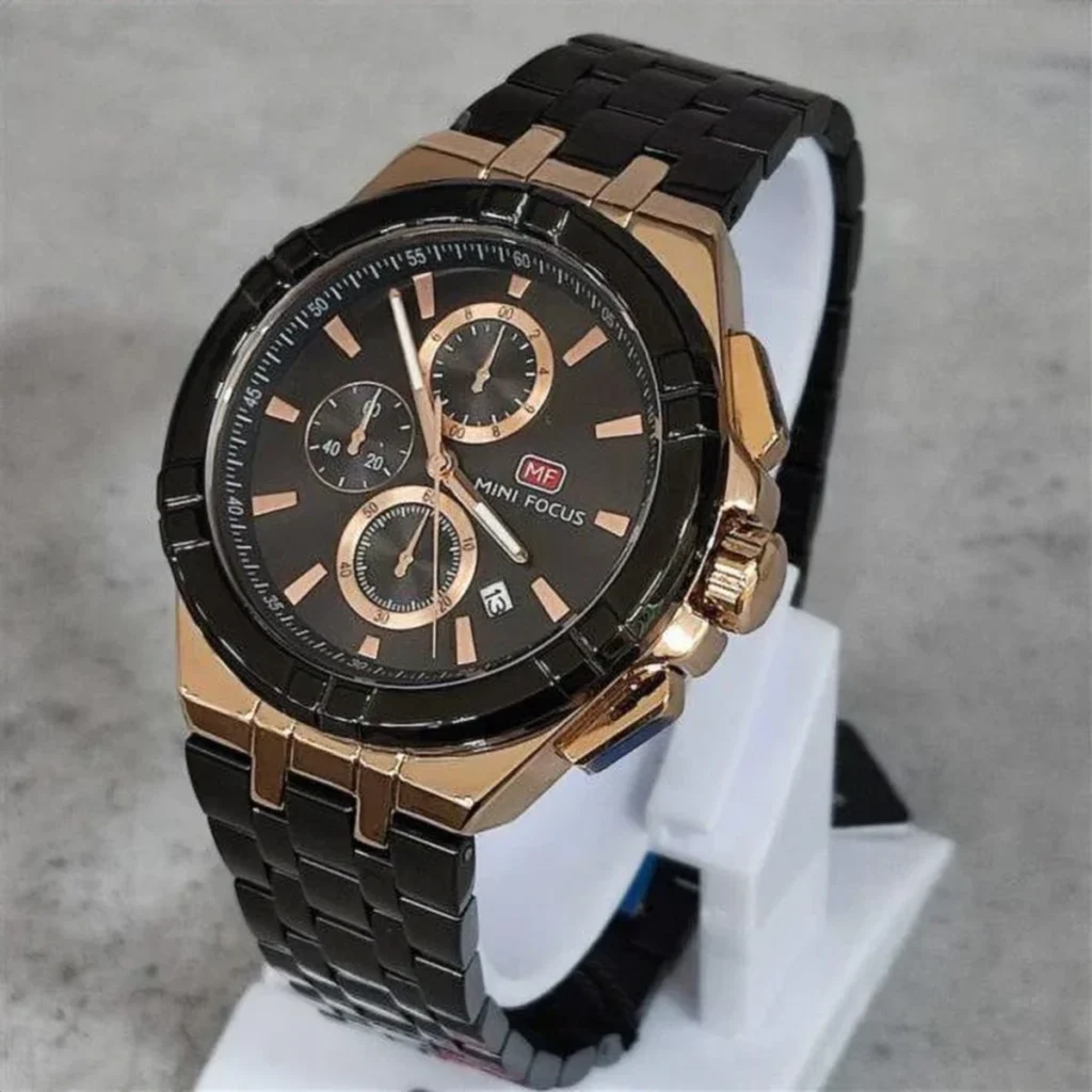 Montre Homme MINI FOCUS MF0471 Chronographe – Cadran Noir, Or Rose, Acier Noir