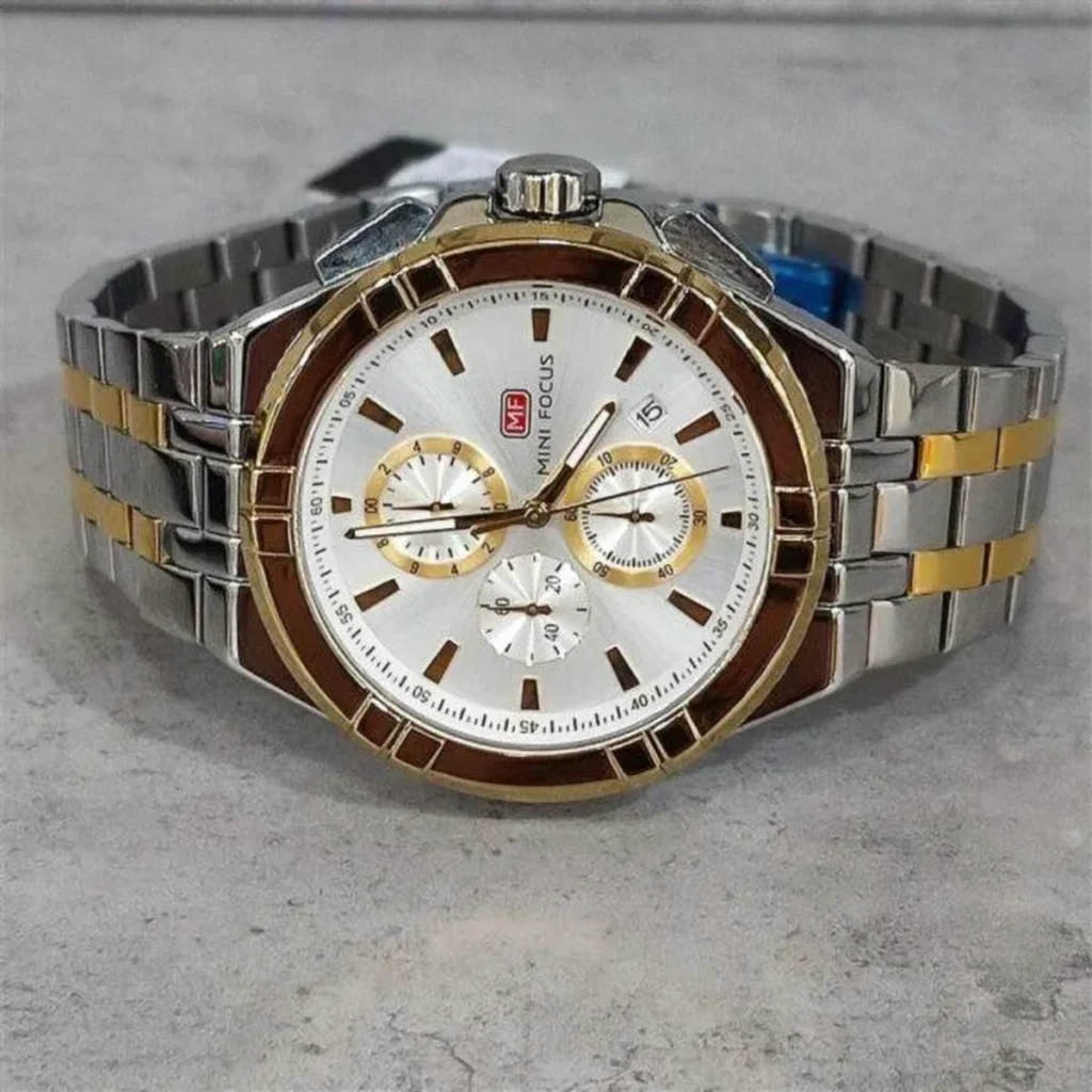 Montre Homme MINI FOCUS MF0471 Chronographe – Bicolore Or et Argent, Cadran Blanc
