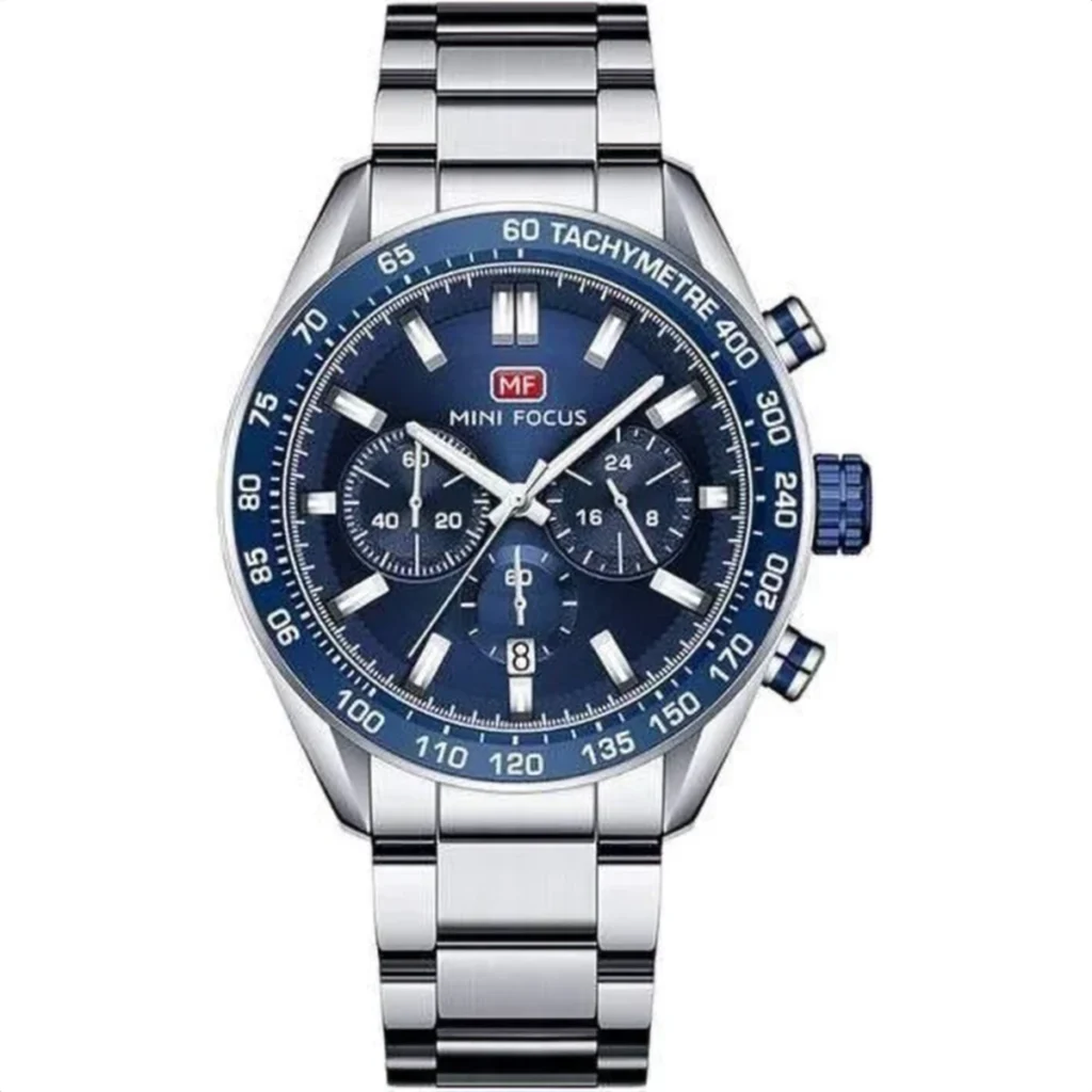Montre Homme MINI FOCUS R04003 Chronographe – Cadran et Lunette Bleus, Acier Argenté