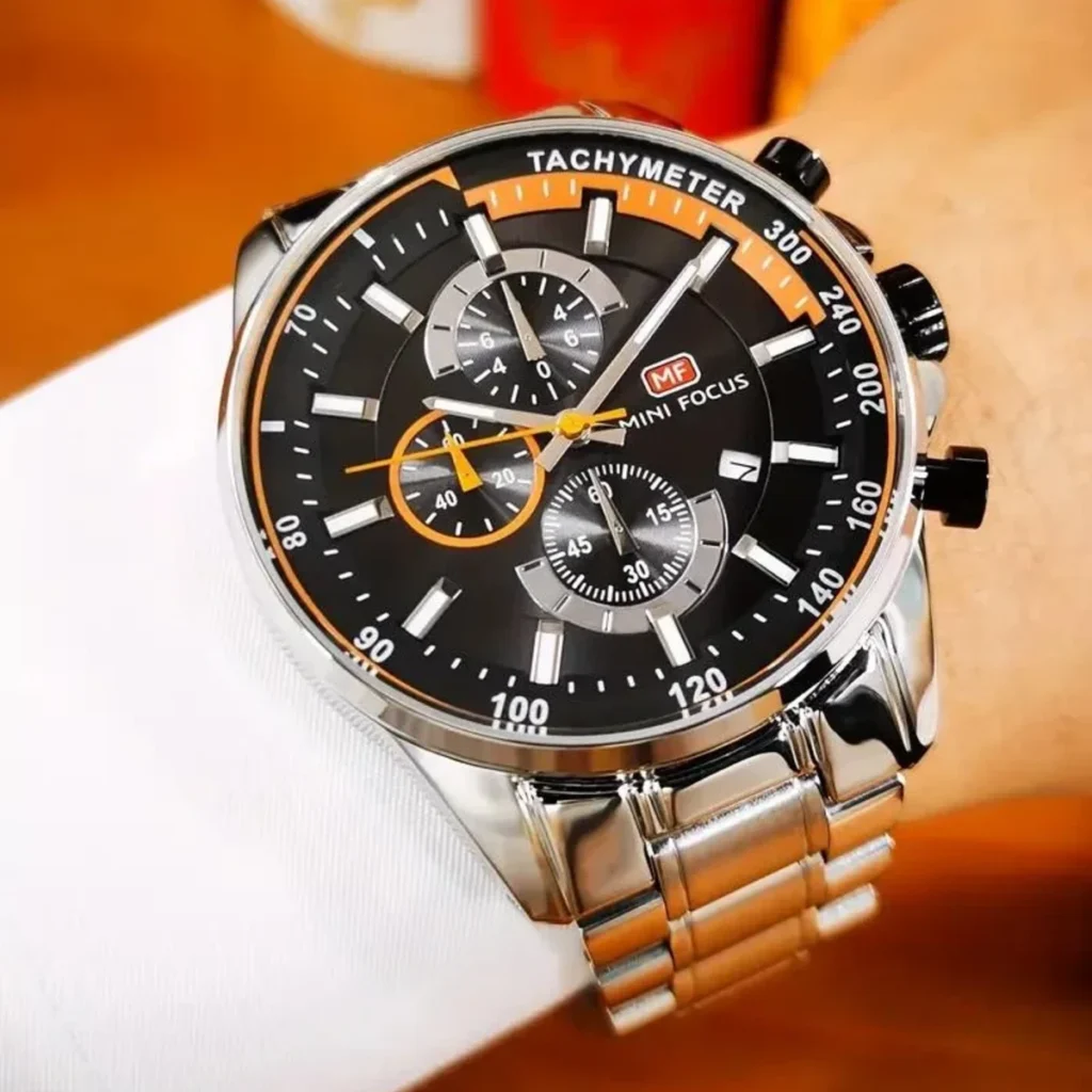 Montre Homme MINI FOCUS Chronographe – Cadran Noir, Accents Or Rose, Acier