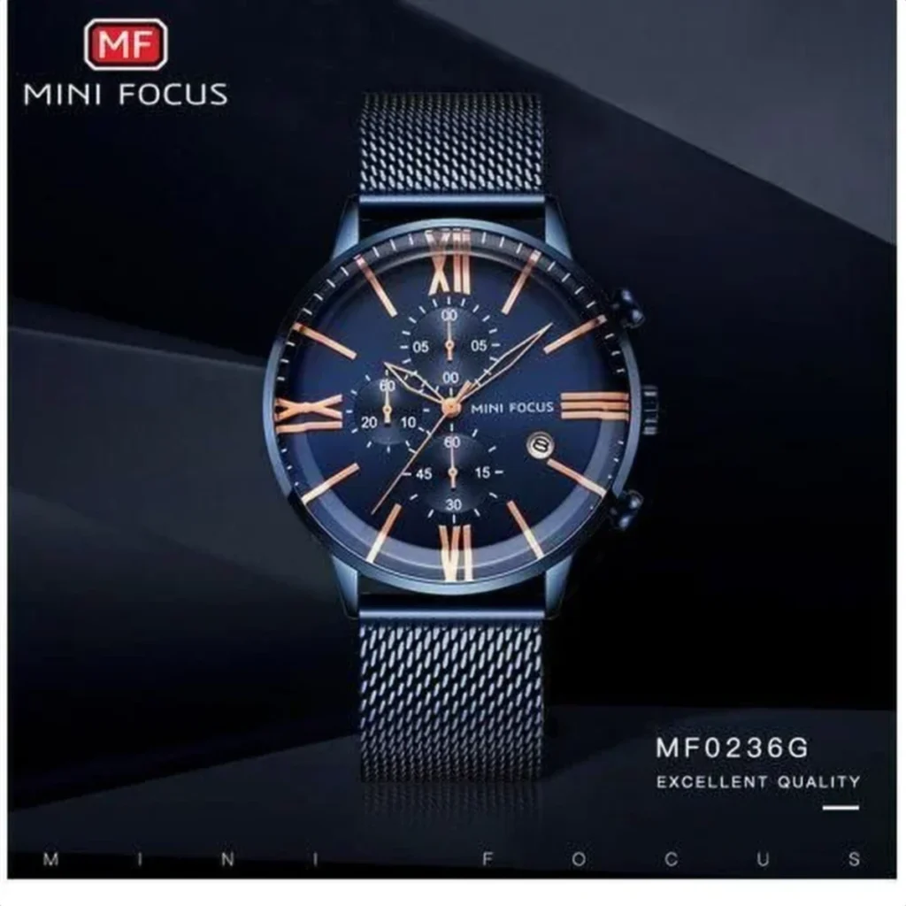 Montre Homme MINI FOCUS MF02036 Chronographe – Bleu, Bracelet Milanais