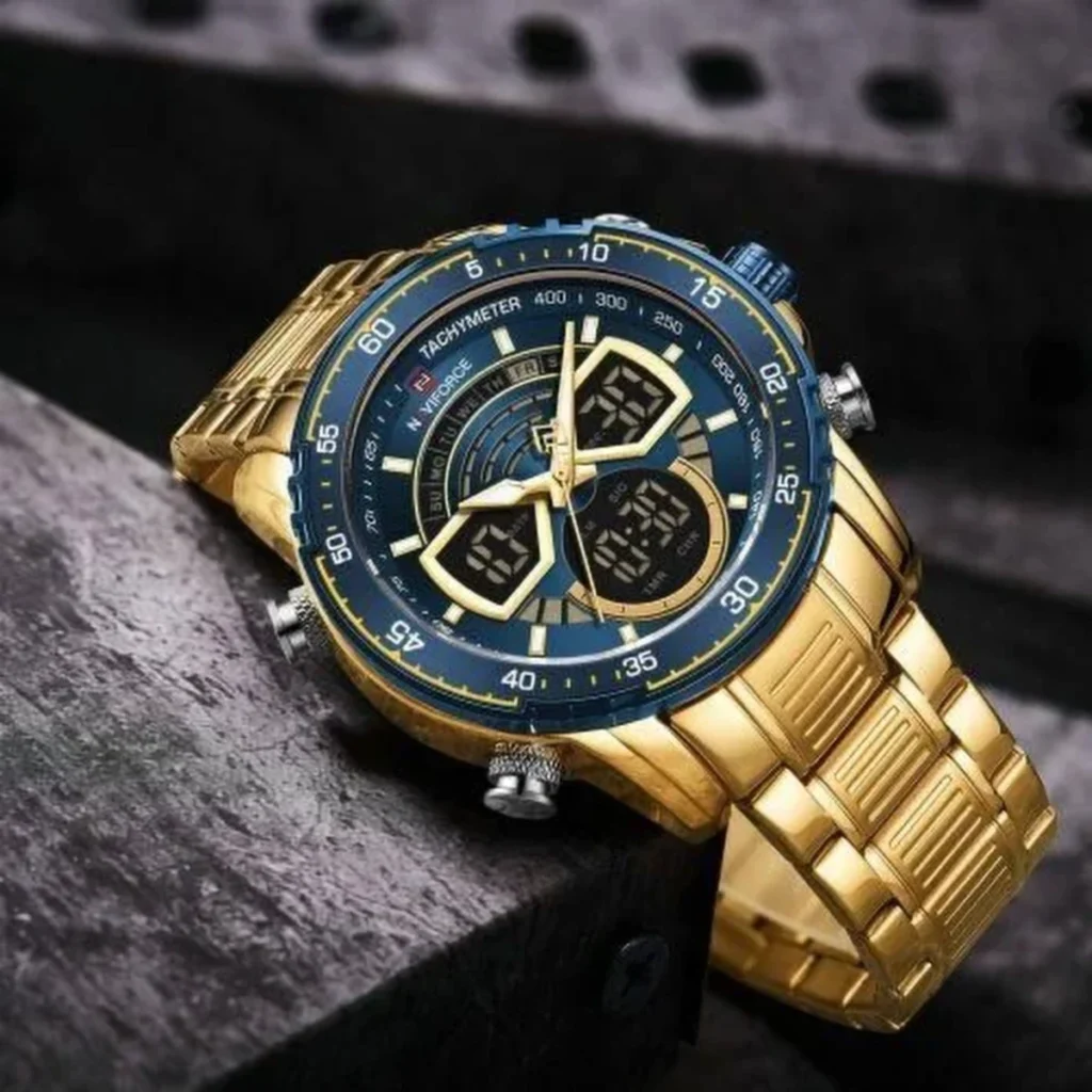 Montre Homme NAVIFORCE NF9189 Analogique-Digitale – Dorée, Cadran Bleu