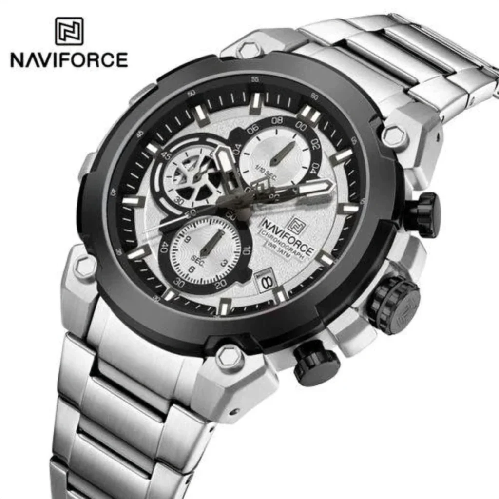 Montre Homme NAVIFORCE NF8071 Chronographe – Acier Argenté, Lunette Noire