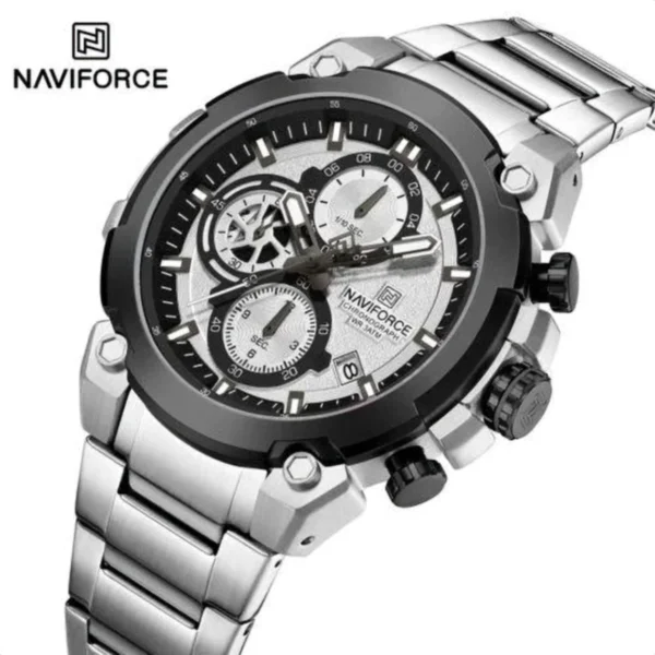 Montre Homme NAVIFORCE NF8071 Chronographe – Acier Argenté, Lunette Noire