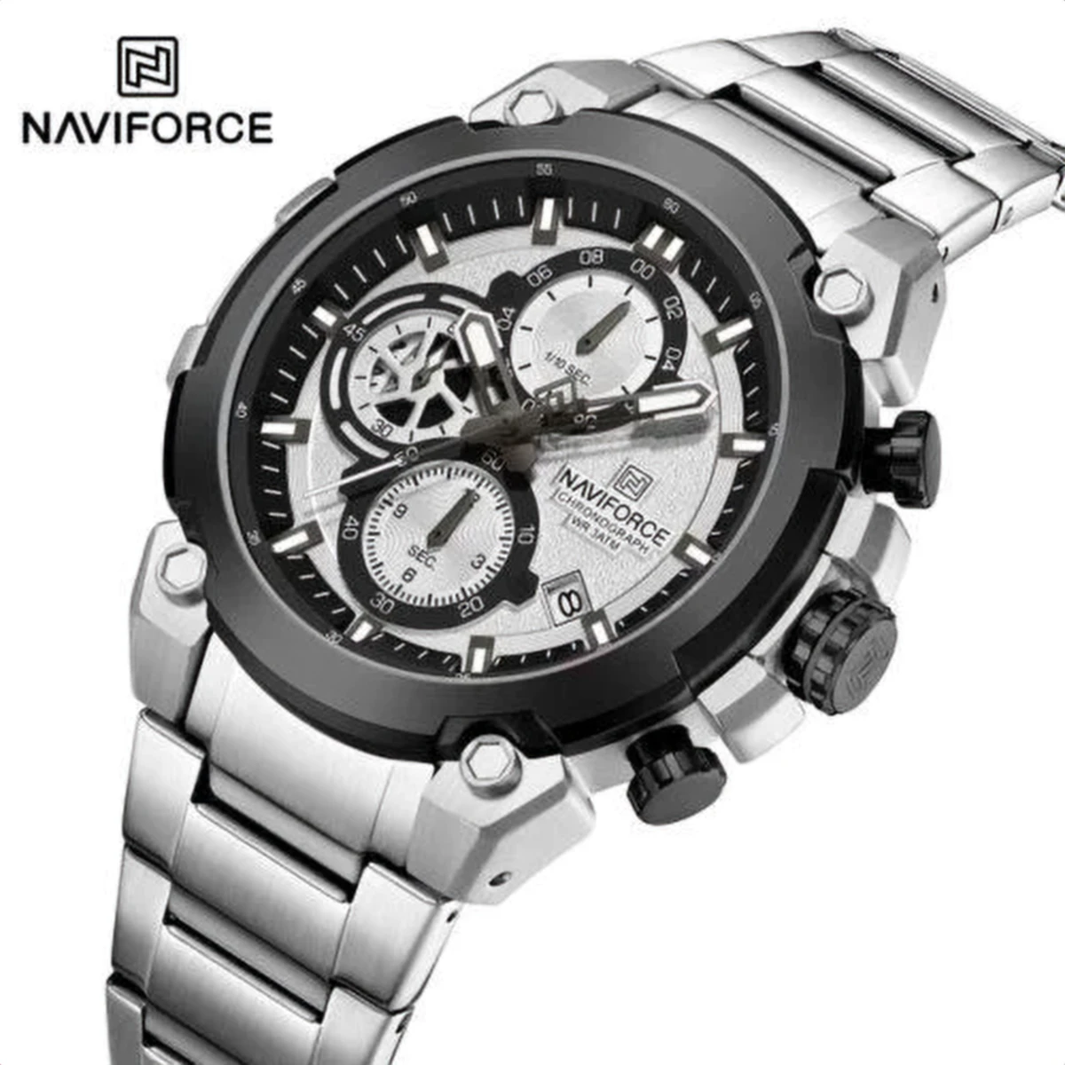 rewak-hd-7941 Montre Homme NAVIFORCE NF8071 Chronographe – Acier Argenté, Lunette Noire