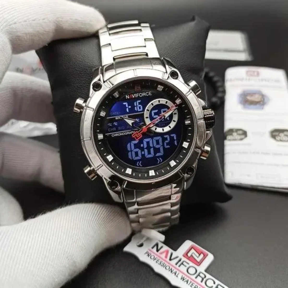 rewak-hd-7986 Montre Homme NAVIFORCE NF9163 Analogique-Digitale – Cadran Noir, Acier Argenté (Variante)