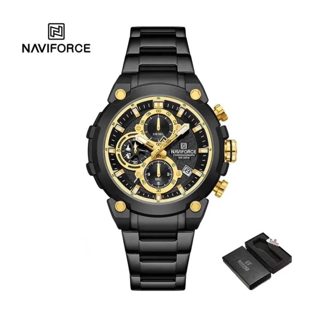Montre Homme NAVIFORCE NF8071 Chronographe – Acier Noir, Accents Dorés