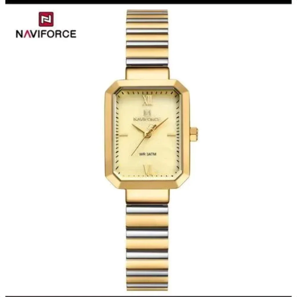 Montre Femme NAVIFORCE NF5050 Rectangulaire – Bicolore Or et Argent, Cadran Doré
