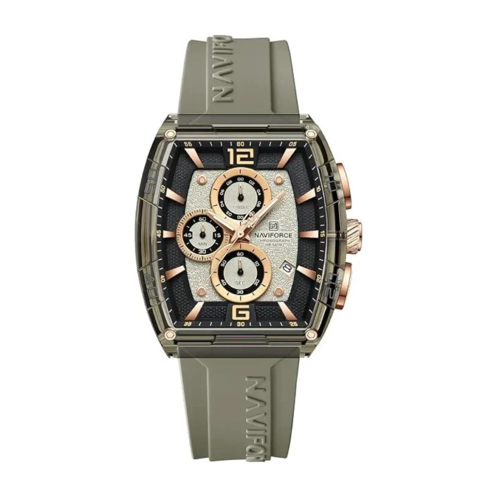Montre Homme NAVIFORCE NF6101 Chronographe Tonneau – Bracelet Taupe, Accents Or Rose