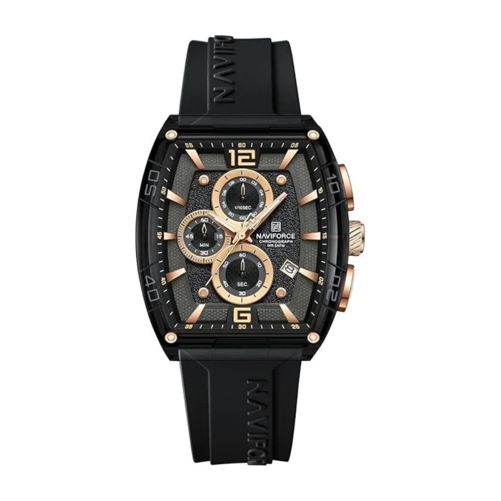 Montre Homme NAVIFORCE NF6101 Chronographe Tonneau – Noir, Accents Or Rose