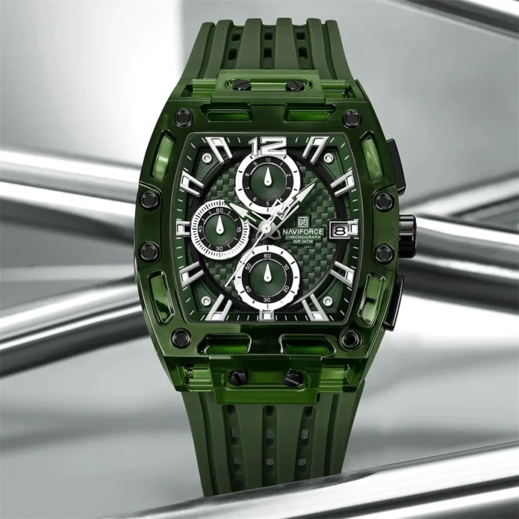 Montre Homme NAVIFORCE NF7105 Chronographe Tonneau – Boîtier Transparent Vert