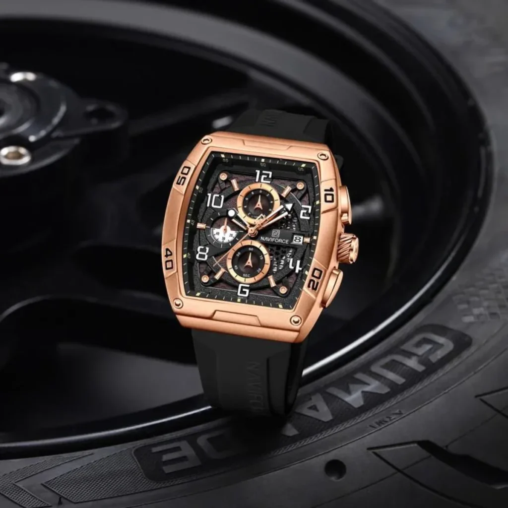 Montre Homme NAVIFORCE NF8052 Chronographe Carré – Or Rose, Silicone Noir