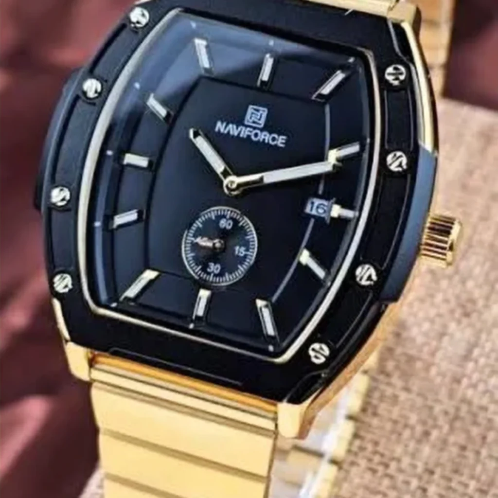 Montre Unisexe NAVIFORCE NF8068 Tonneau – Doré, Lunette Noire, Cadran Bleu Nuit