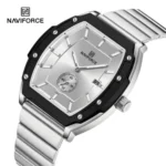 Montre Unisexe NAVIFORCE NF8068 Tonneau – Argenté, Lunette Noire
