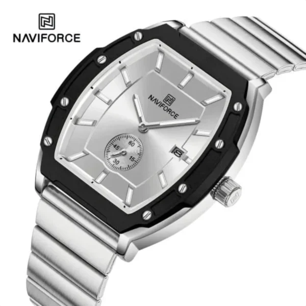Montre Unisexe NAVIFORCE NF8068 Tonneau – Argenté, Lunette Noire