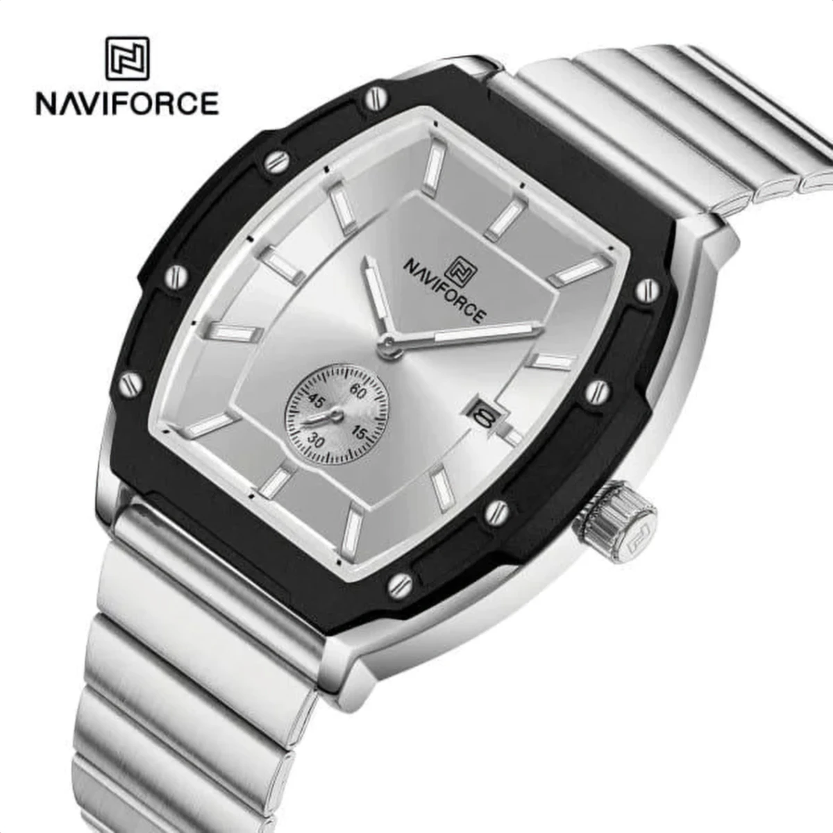 rewak-hd-8208 Montre Unisexe NAVIFORCE NF8068 Tonneau – Argenté, Lunette Noire