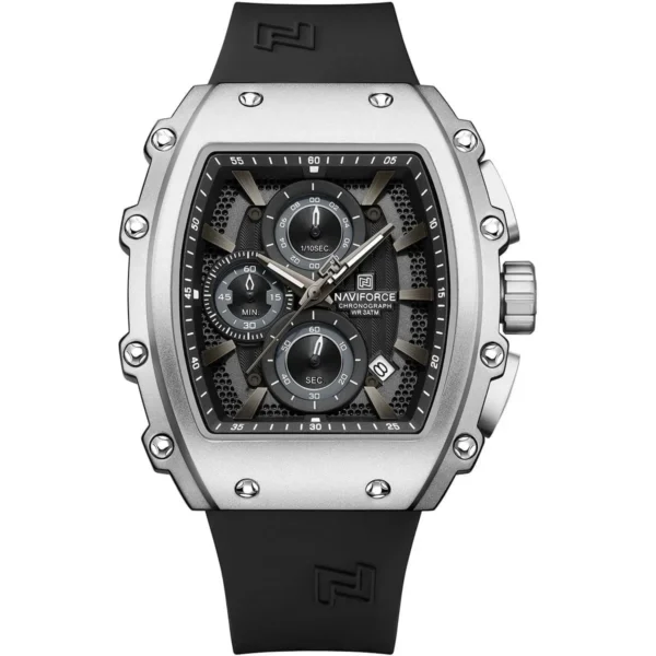 Montre Homme NAVIFORCE NF8070 Chronographe Tonneau – Argenté, Silicone Noir