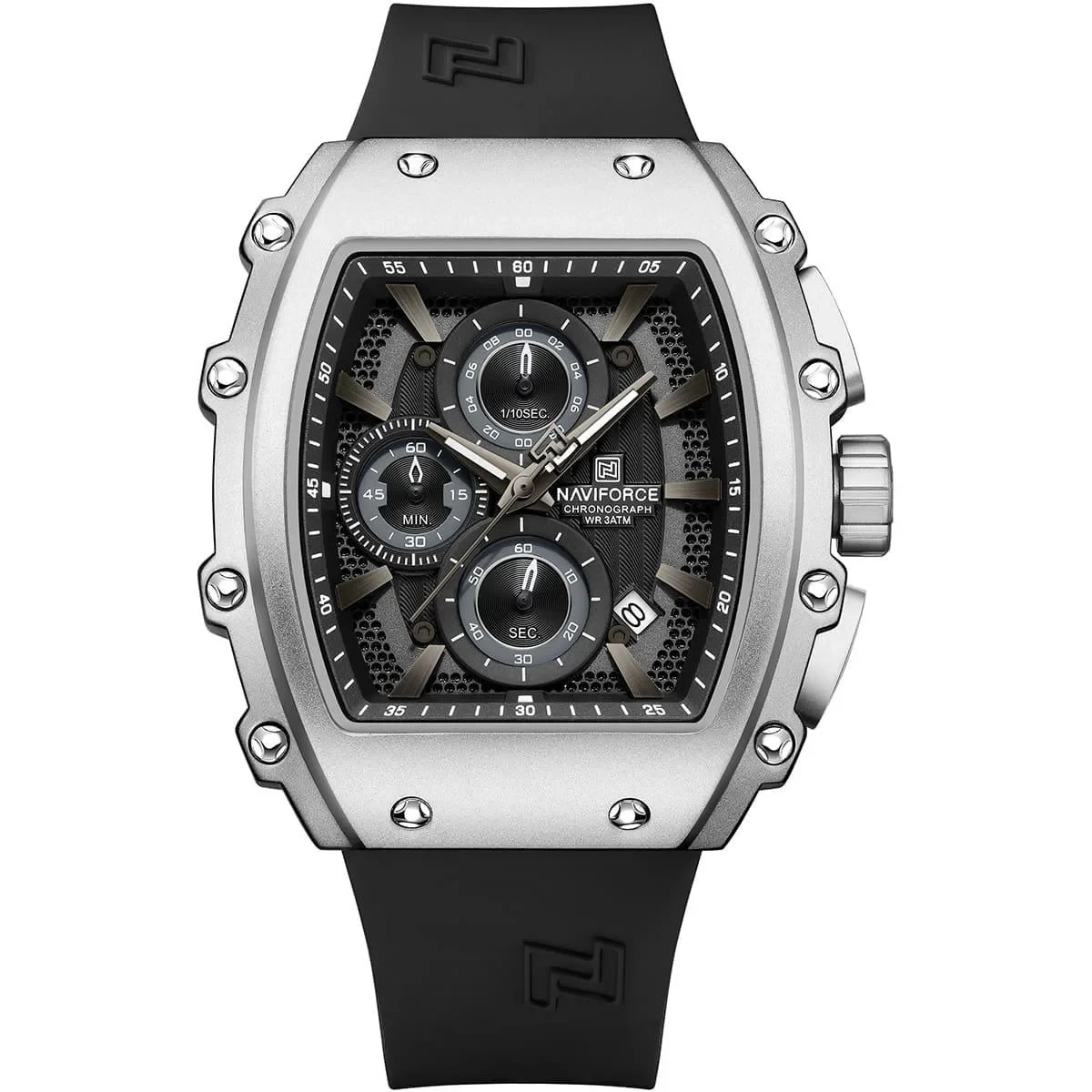 rewak-hd-8215 Montre Homme NAVIFORCE NF8070 Chronographe Tonneau – Argenté, Silicone Noir