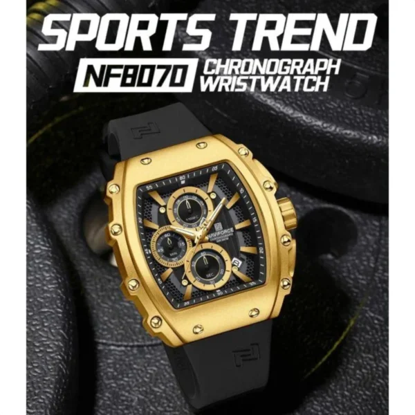 Montre Homme NAVIFORCE NF8070 Chronographe Tonneau – Doré, Silicone Noir