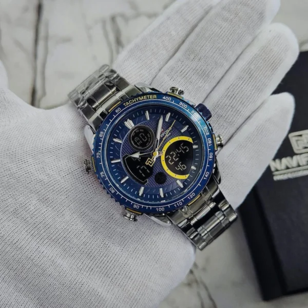 Montre Homme NAVIFORCE NF9182 Analogique-Digitale – Cadran Bleu, Touches Jaunes, Acier