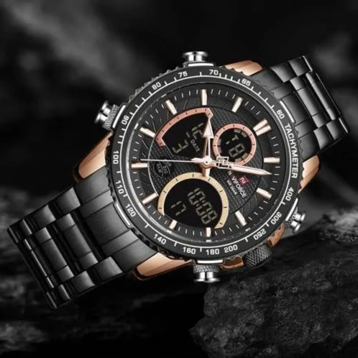 rewak-hd-8237 Montre Homme NAVIFORCE NF9182 Analogique-Digitale – Cadran Noir, Accents Or Rose