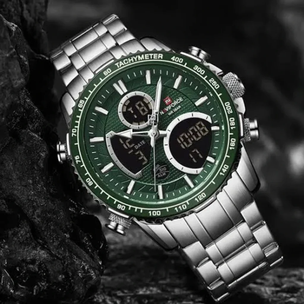 Montre Homme NAVIFORCE NF9182 Analogique-Digitale – Cadran Vert, Acier Argenté