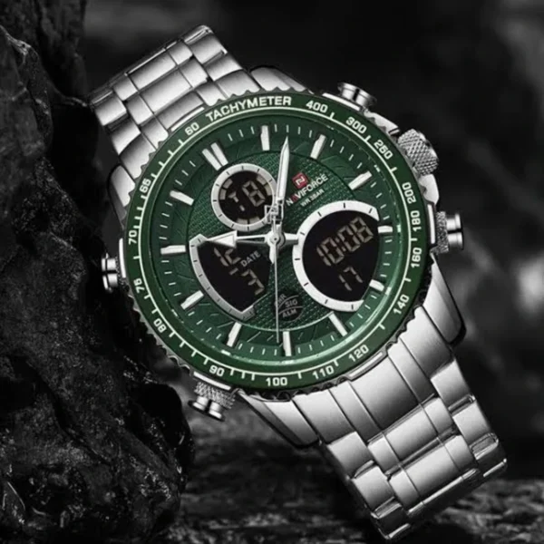 Montre Homme NAVIFORCE NF9182 Analogique-Digitale – Cadran Vert, Acier Argenté