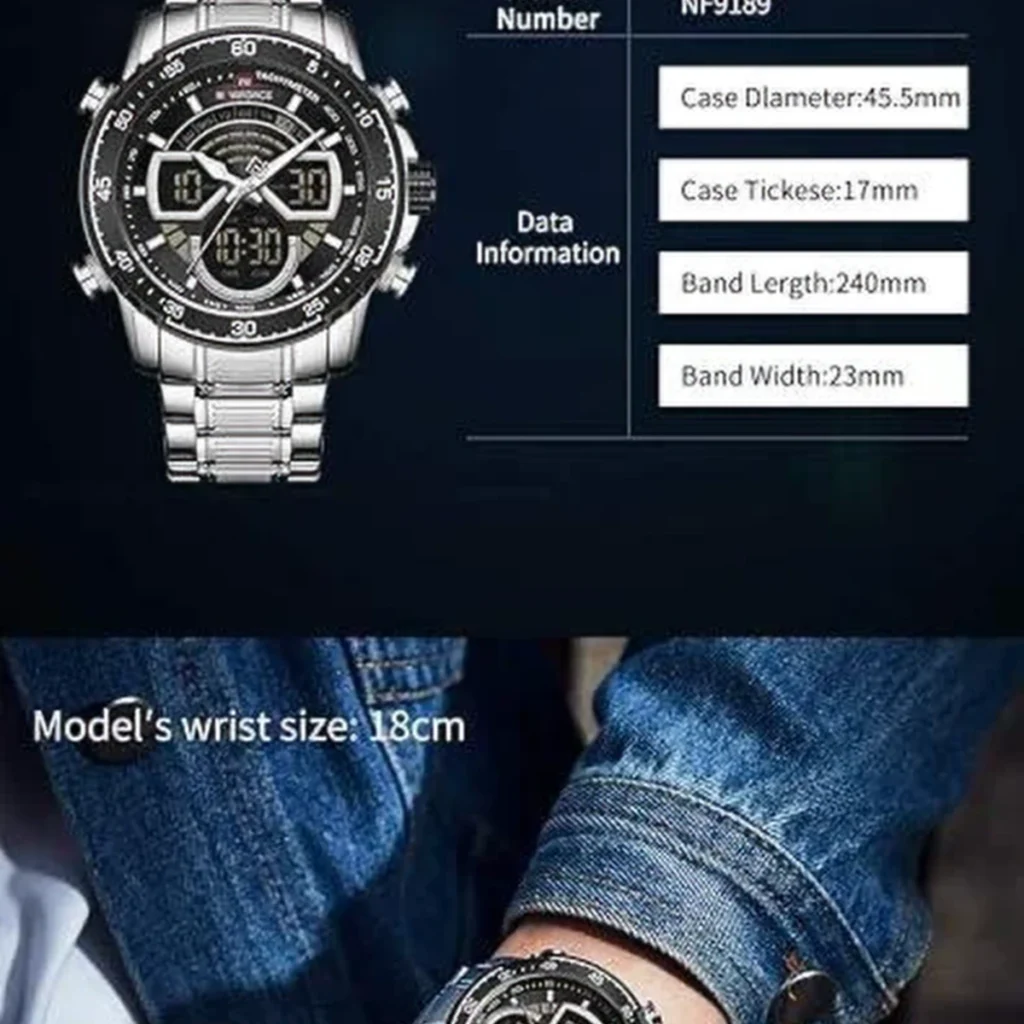 Montre Homme NAVIFORCE NF9189 Analogique-Digitale – Cadran Noir, Acier Argenté