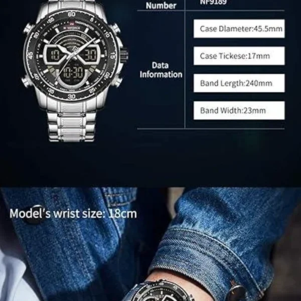 Montre Homme NAVIFORCE NF9189 Analogique-Digitale – Cadran Noir, Acier Argenté