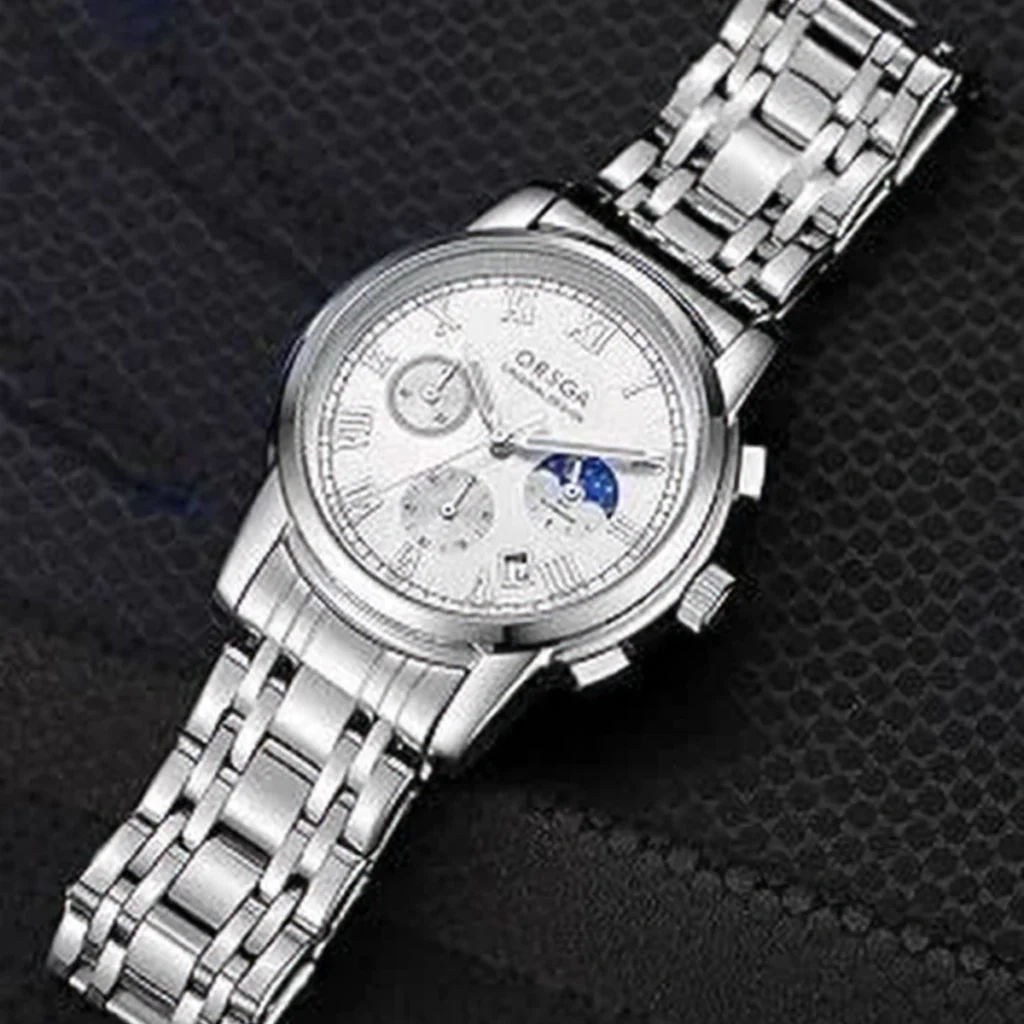 Montre Homme ORSGA 9399G Chronographe Phase de Lune – Cadran Blanc, Bracelet Acier