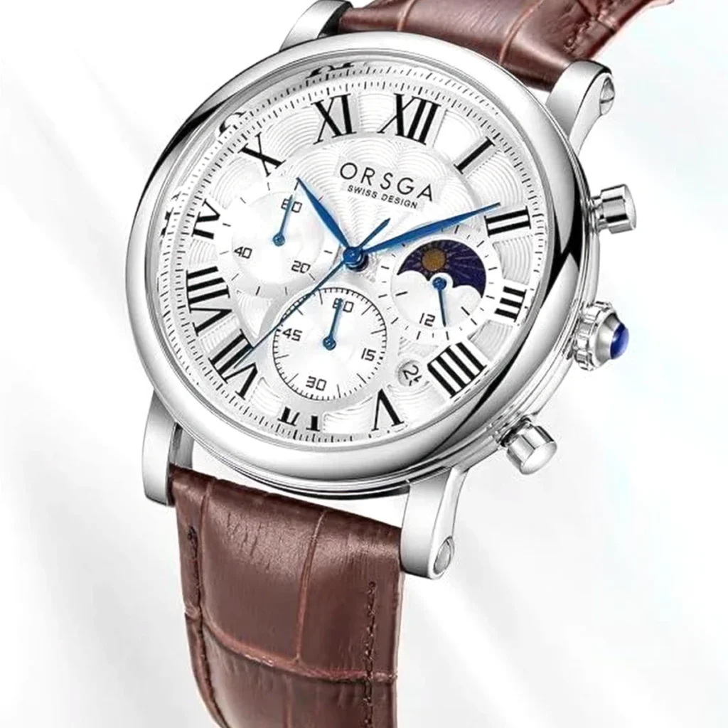 Montre Homme ORSGA 9399G Chronographe Phase de Lune – Cadran Blanc, Chiffres Romains, Cuir Marron