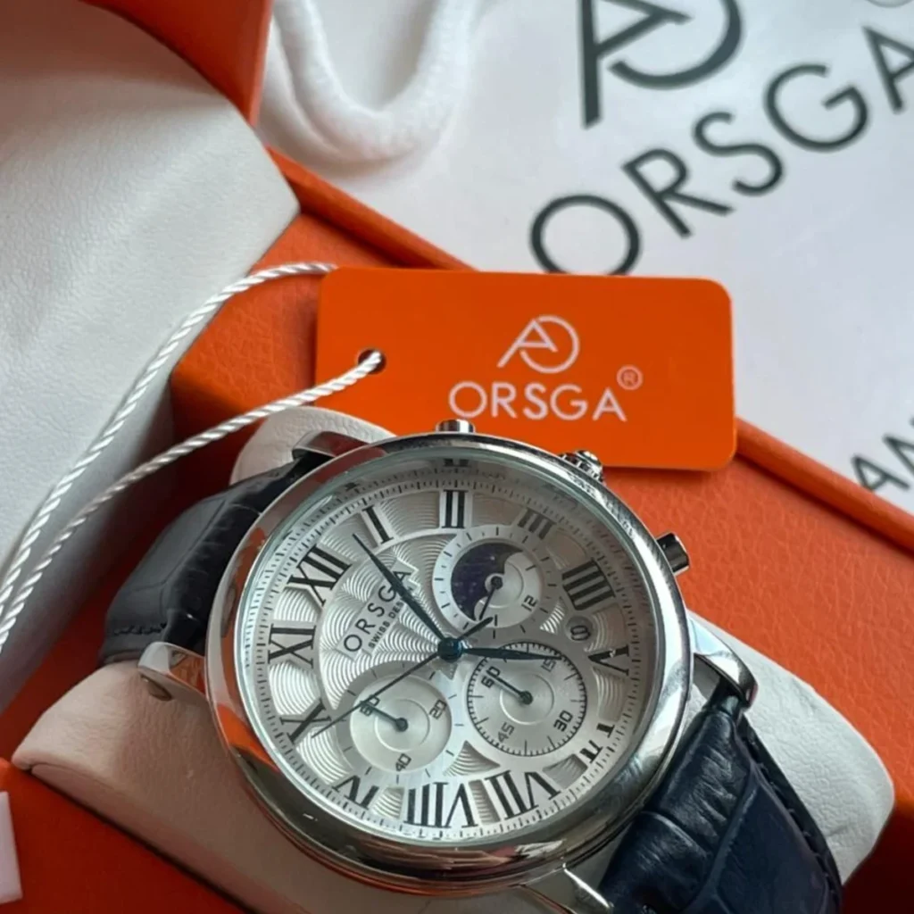 Montre Homme ORSGA 9399G Chronographe Phase de Lune – Cadran Blanc, Cuir Noir