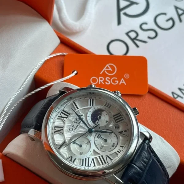 Montre Homme ORSGA 9399G Chronographe Phase de Lune – Cadran Blanc, Cuir Noir