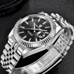 Montre Homme PAGANI DESIGN Automatique – Cadran Noir, Lunette Cannelée, Bracelet Jubilé