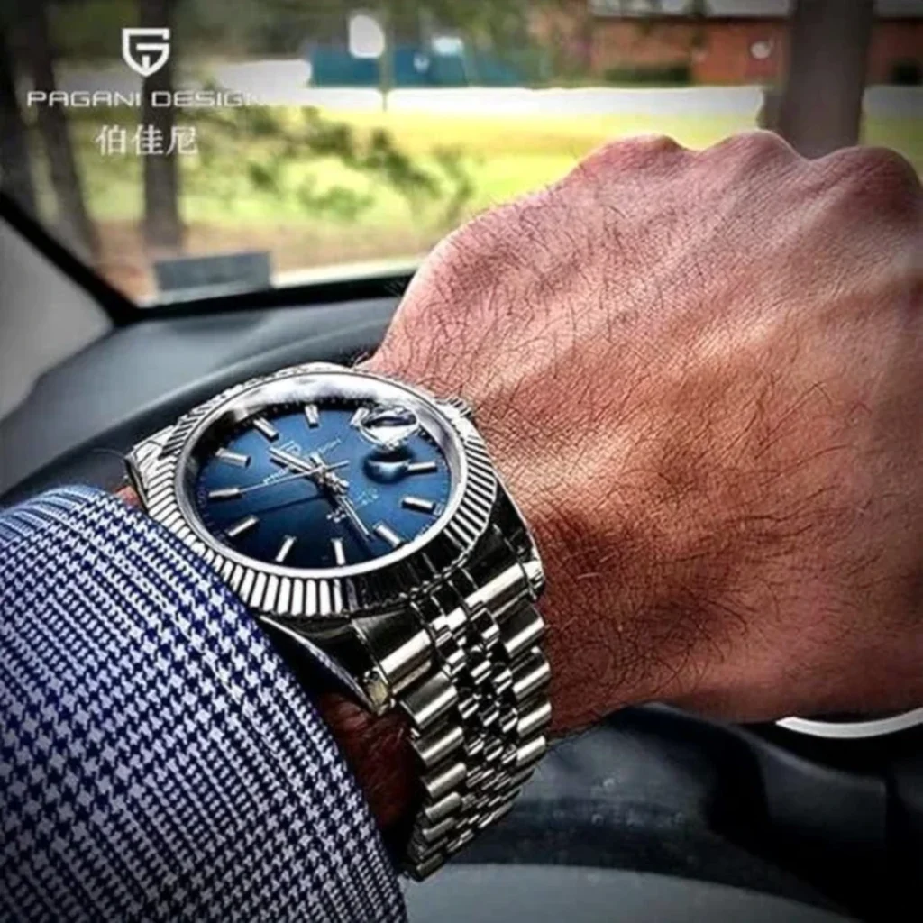 Montre Homme PAGANI DESIGN Automatique – Cadran Bleu, Lunette Cannelée, Bracelet Jubilé