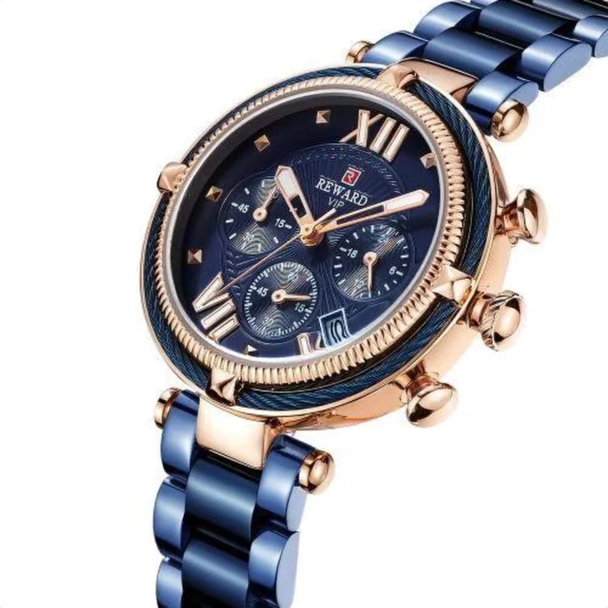 rewak-hd-8333 Montre Femme REWARD RD63084 Chronographe – Acier Bleu, Or Rose