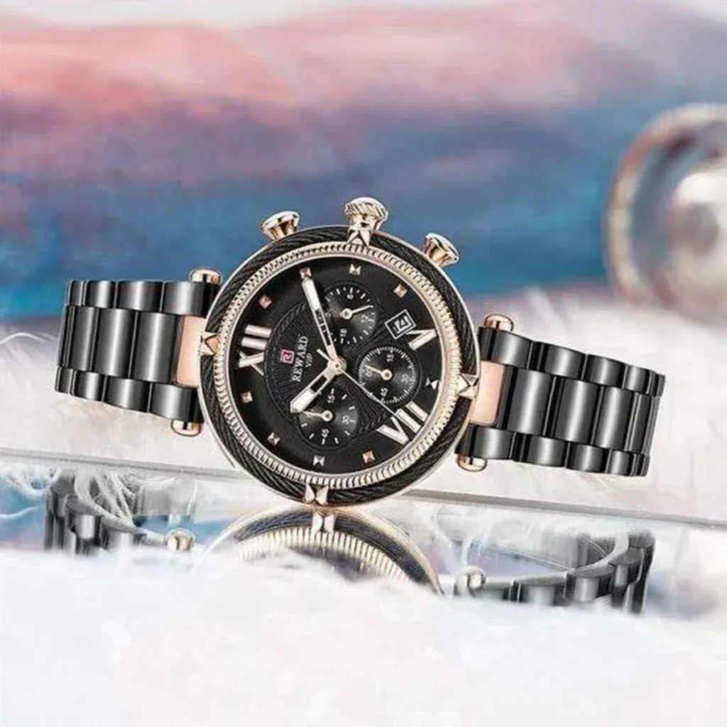Montre Femme REWARD RD63084 Chronographe – Acier Noir, Or Rose