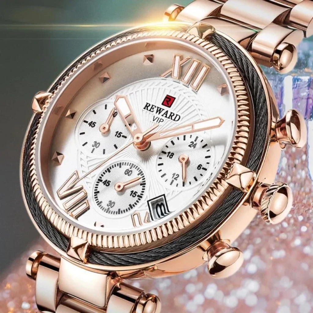 Montre Femme REWARD RD63084 Chronographe – Or Rose, Cadran Blanc à Chiffres Romains