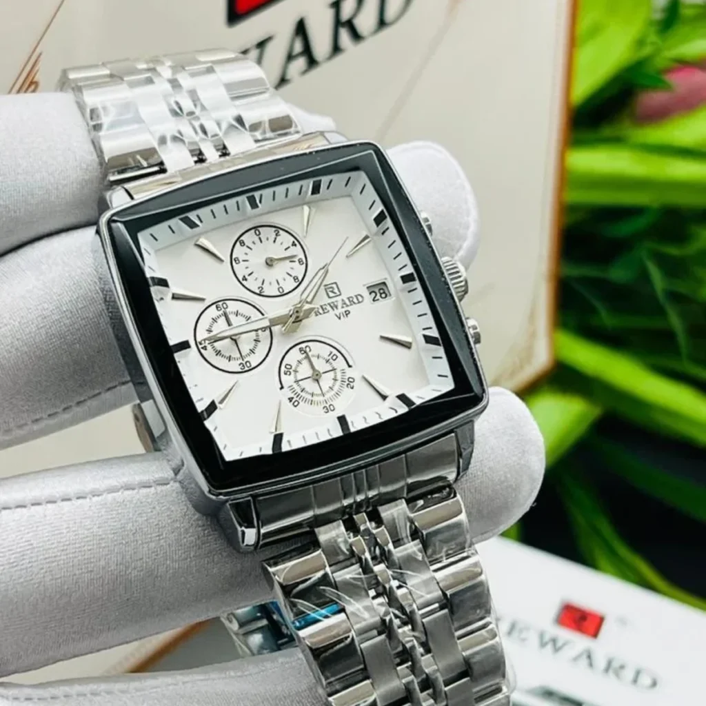 Montre Homme REWARD RD81100M Chronographe Carré – Cadran Blanc, Acier Argenté