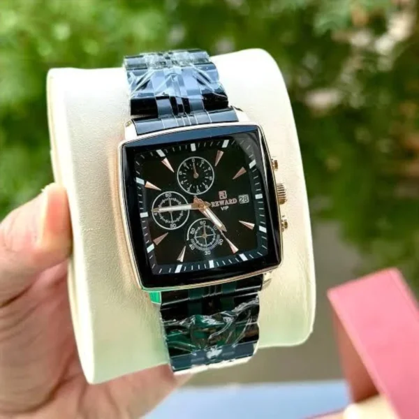 Montre Homme REWARD RD81100M Chronographe Carré – Tout Noir, Accents Dorés