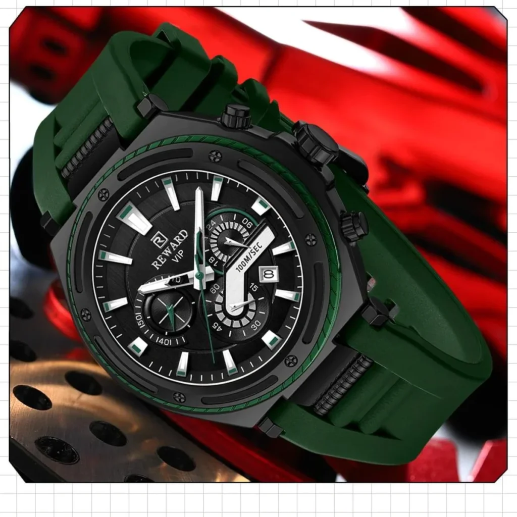 Montre Homme REWARD RD831508M Chronographe Sport – Noir, Silicone Vert