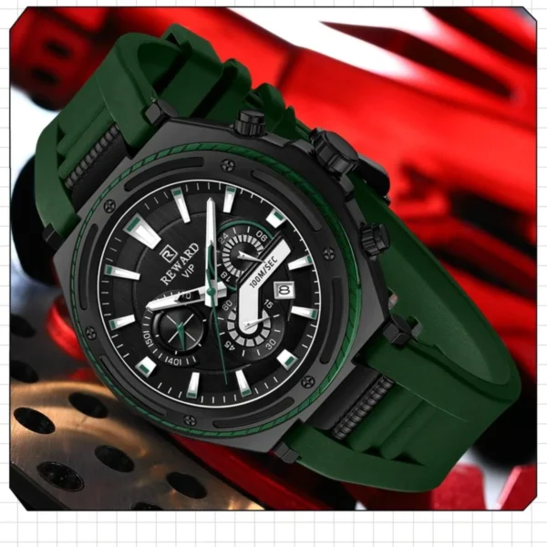 Montre Homme REWARD RD831508M Chronographe Sport – Noir, Silicone Vert