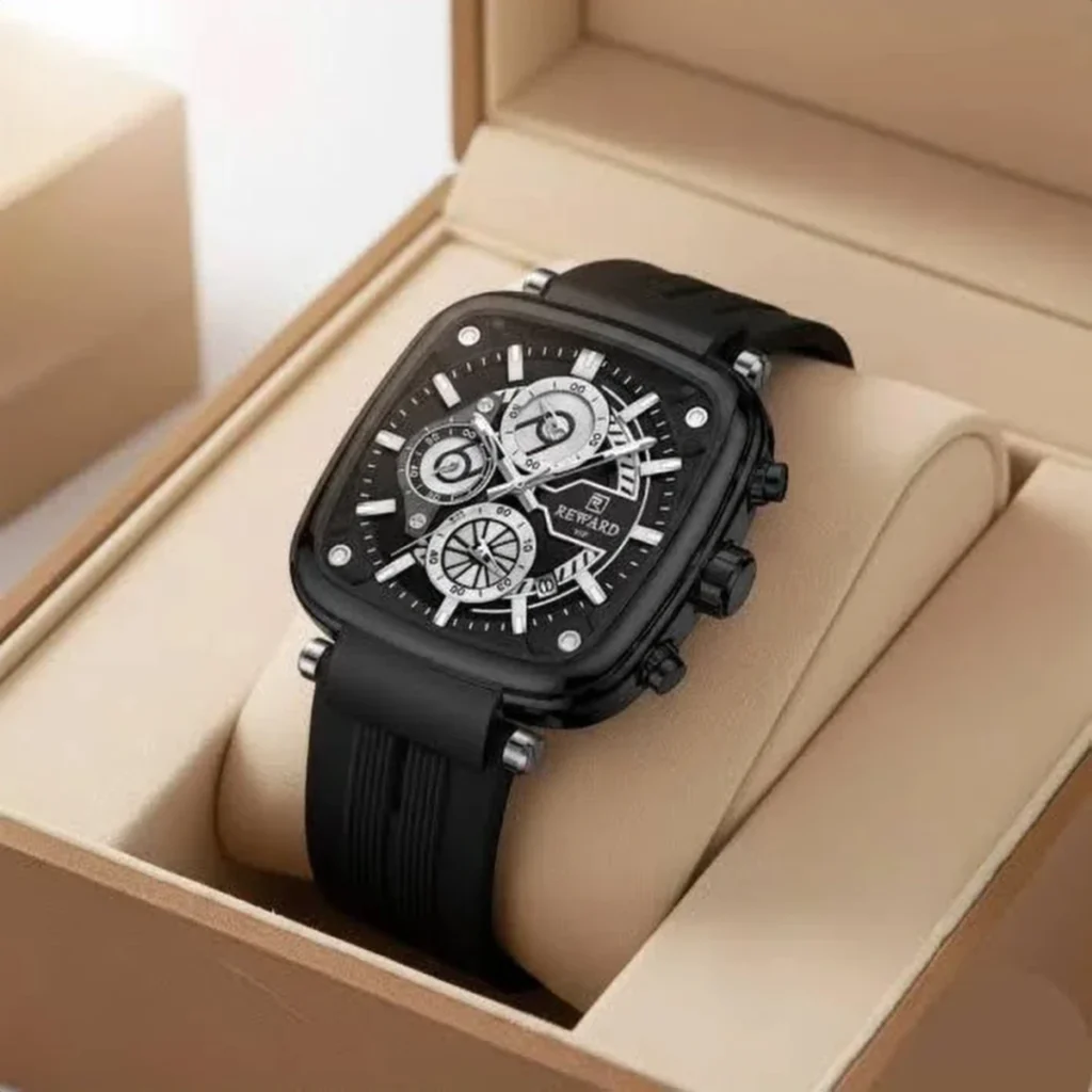 Montre Homme REWARD RD831509 Chronographe Carré – Tout Noir, Silicone