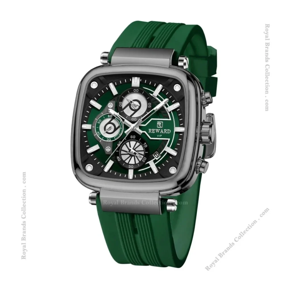 Montre Homme REWARD RD831509 Chronographe Carré – Cadran Vert, Silicone Vert