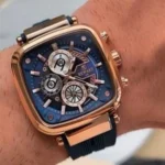 Montre Homme REWARD RD831509 Chronographe Carré – Or Rose, Cadran et Silicone Bleus